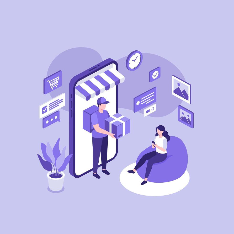 Online Shopping Delivery Concept with Customer and Courier Service Illustration vector