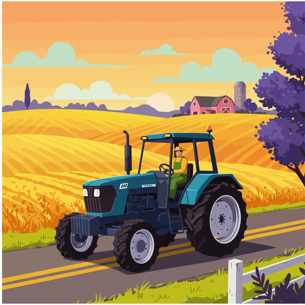 Farmer Driving Tractor on Country Road Through Farm Field at Sunset vector