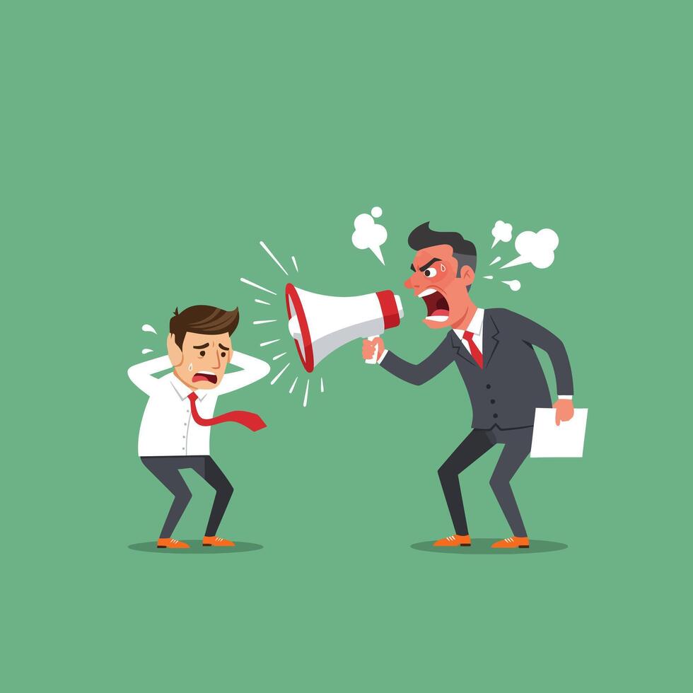Angry Boss Shouting Through Megaphone at Scared Employee Illustration vector