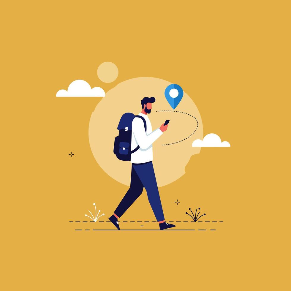 Man Walking with Backpack Using Phone for Navigation or Travel vector