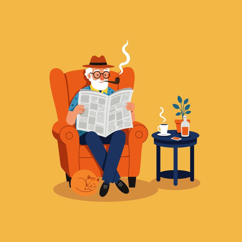 Senior Man Relaxing with Newspaper, Pipe and Cat in Cozy Chair vector