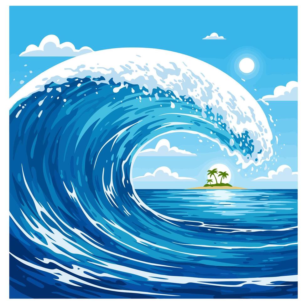 Ocean Wave Crashing with Tropical Island View on a Sunny Day vector