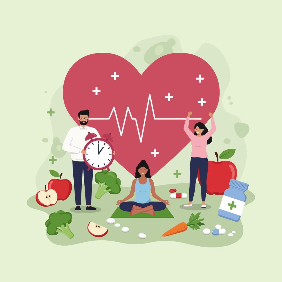 Healthy Lifestyle Choices with Diet, Exercise and Time Management Concept vector