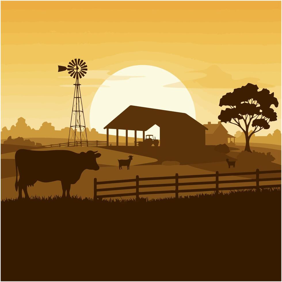 Rural Farm Silhouette with Cow Windmill and Barn at Sunset vector