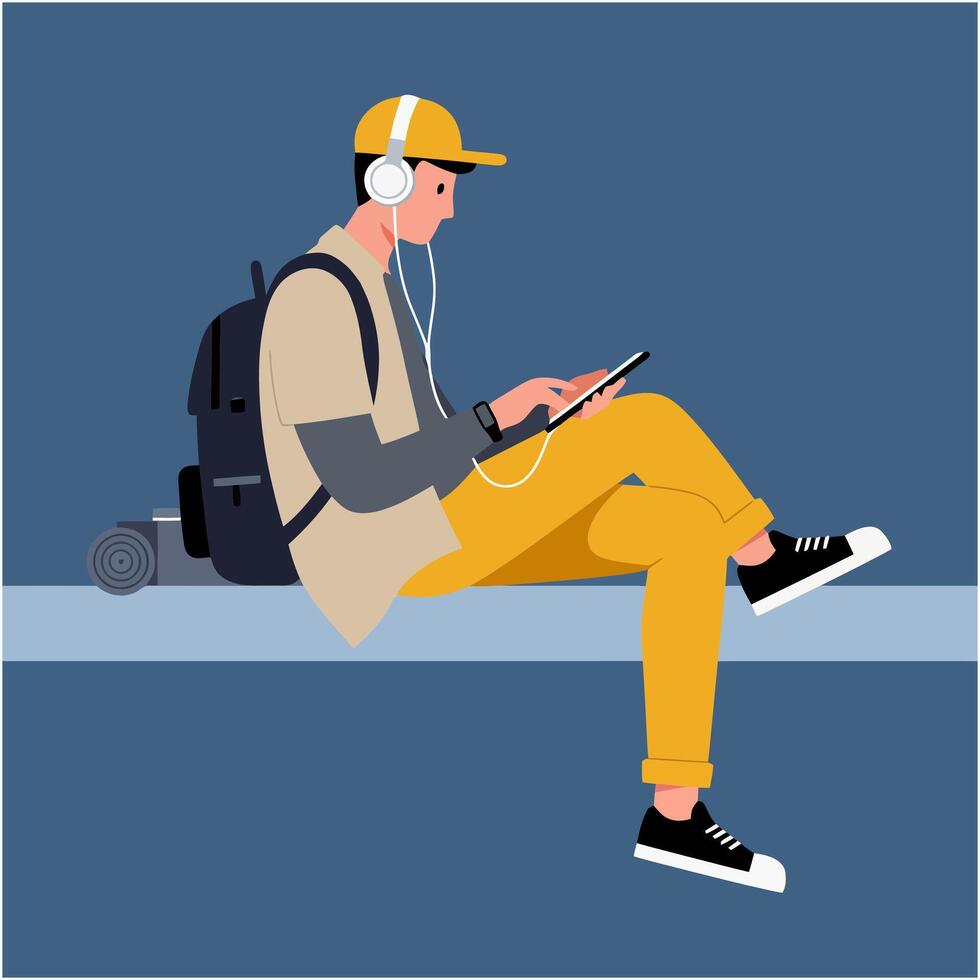 Young Man Using Tablet and Listening to Music While Traveling Alone vector
