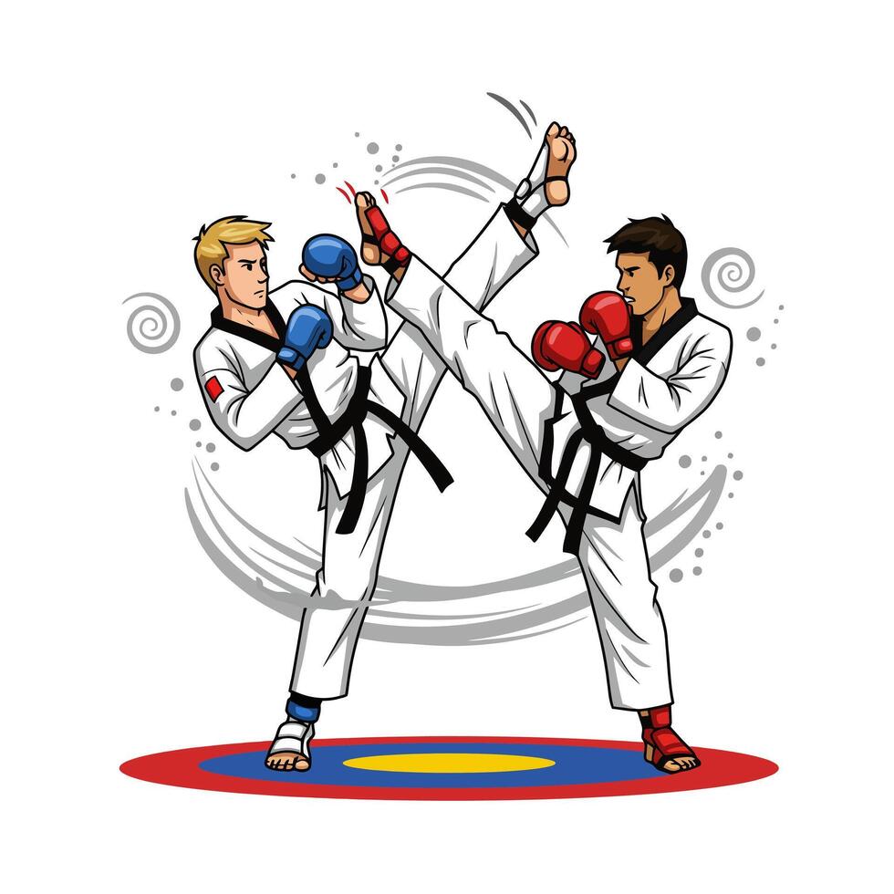 Two Taekwondo Fighters Kicking High in Martial Arts Sparring Action vector