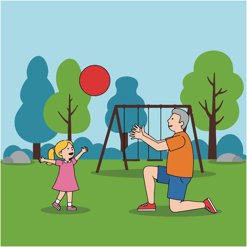Grandfather Playing Ball with Granddaughter in Park Cartoon Illustration vector