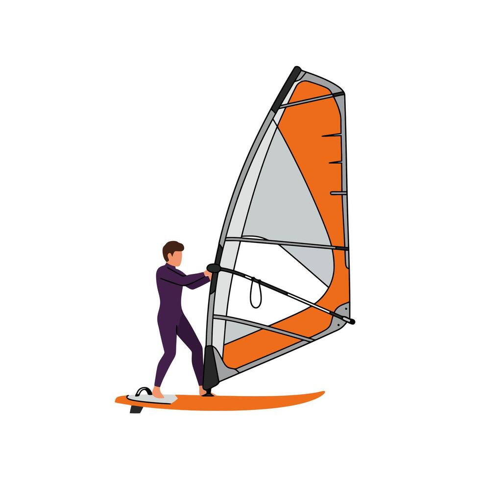 Person Windsurfing on Water Sport Illustration with Orange and Gray Sail vector