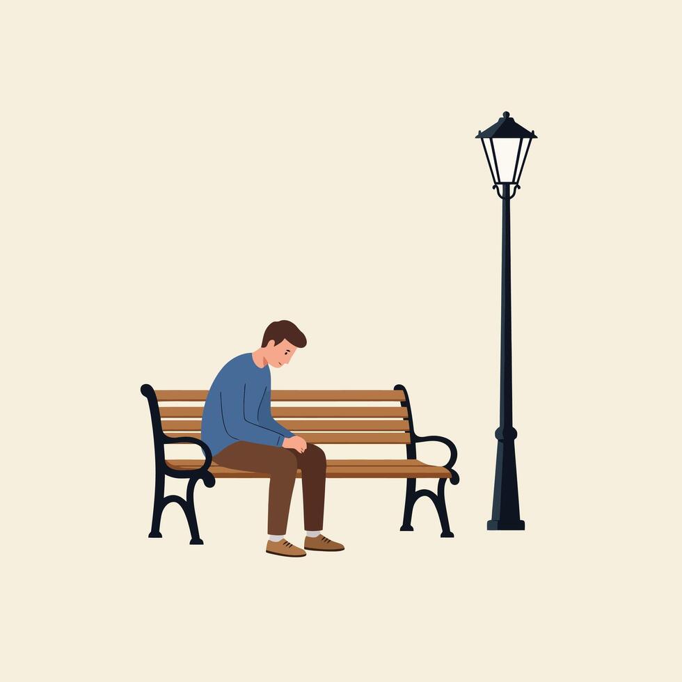 Man Sitting Alone on Bench with Streetlight Feeling Sad or Depressed vector