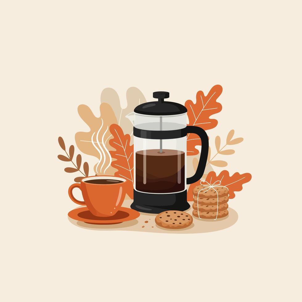 Brewing Fresh Coffee with French Press and Cookies Autumnal Background vector
