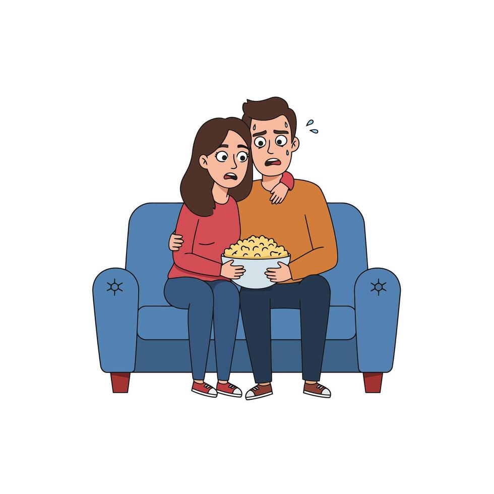 Couple Watching Horror Movie on Couch with Scared Expressions and Popcorn vector