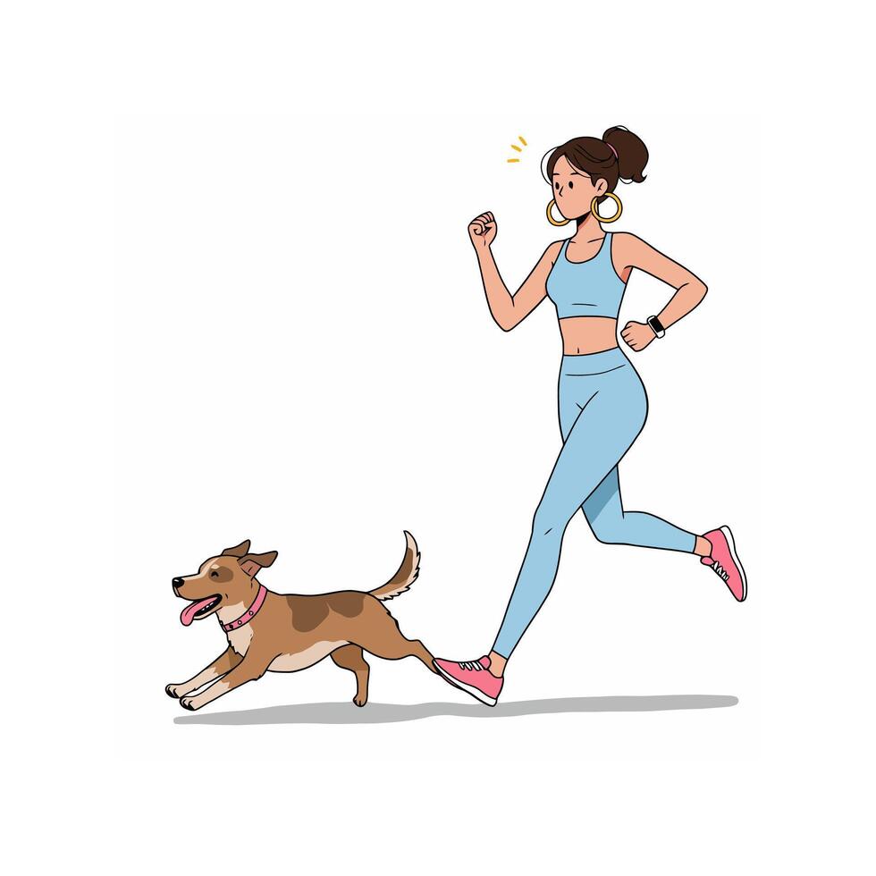 Woman Jogging with Her Dog Cartoon Style Illustration on White Background vector