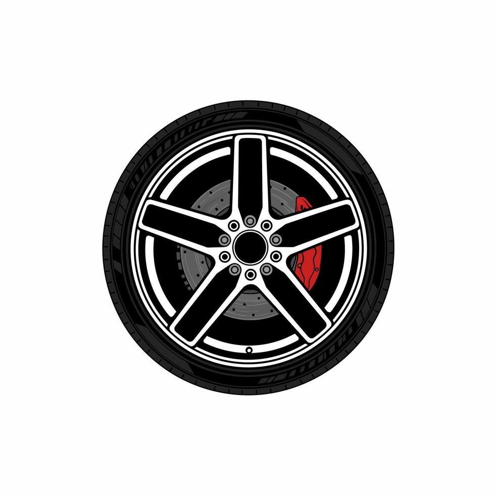 Car Wheel with Five-spoke Rim and Red Caliper Illustration on White vector