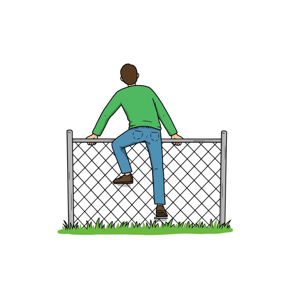 Cartoon Man Climbing Over Fence Illustration with Isolated Background vector