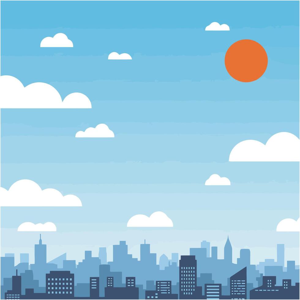 Cityscape Silhouette with Blue Sky, Clouds, and Setting Sun Illustration vector