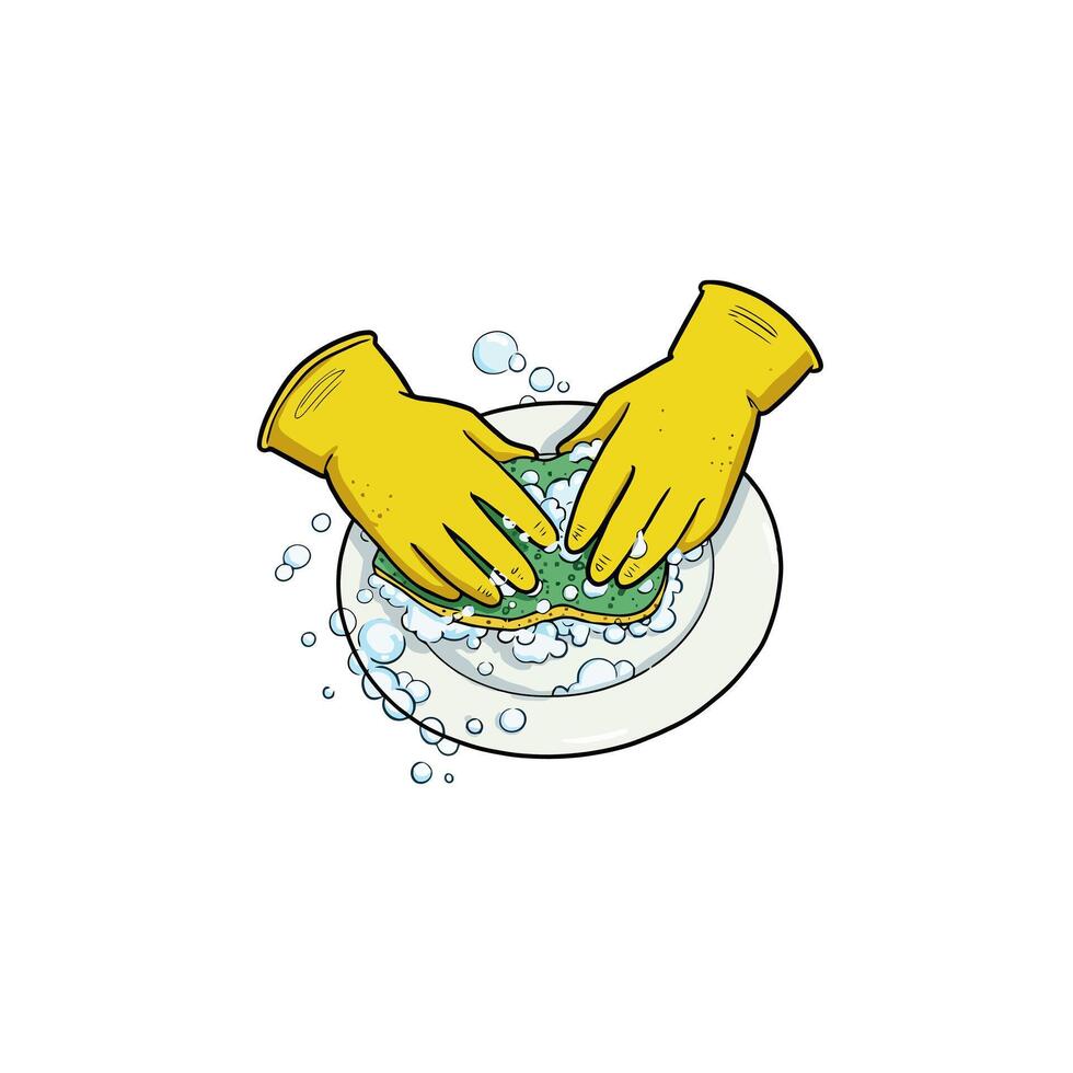 Washing Dishes Cartoon Hands in Yellow Gloves Scrubbing with Sponge vector