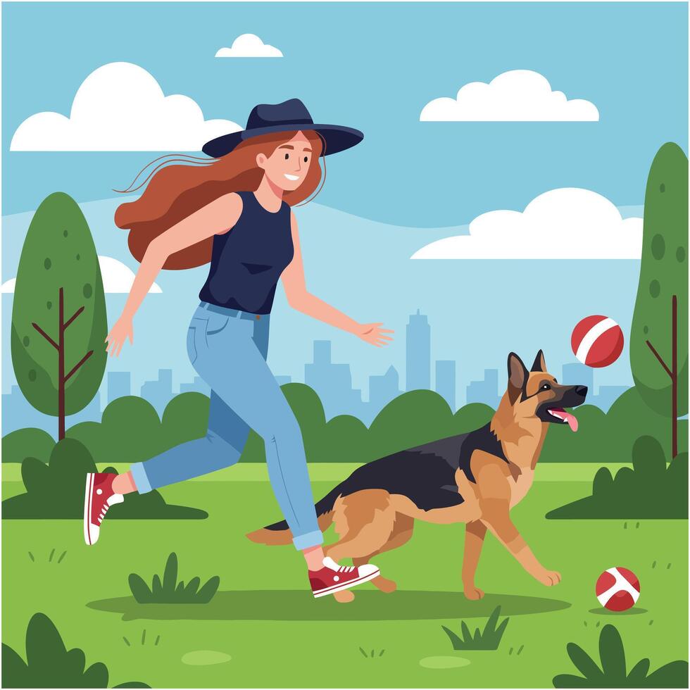 Woman Running and Playing Fetch with Dog in Park Illustration vector