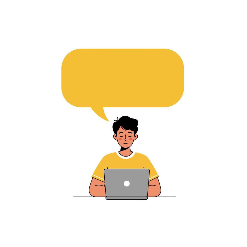 Cartoon Person Using Laptop with Speech Bubble Graphic Illustration vector