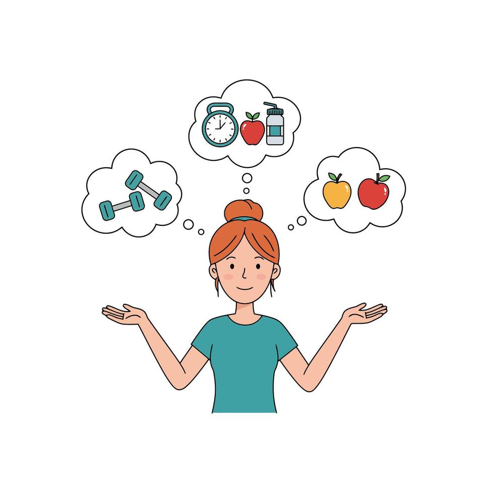 Woman Thinking About Diet and Exercise, Cartoon Style Illustration vector