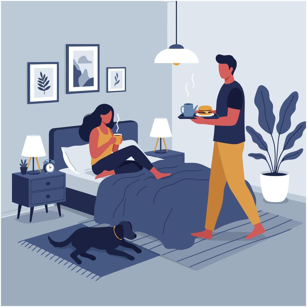 Man Bringing Breakfast in Bed to Woman with Dog in Bedroom vector
