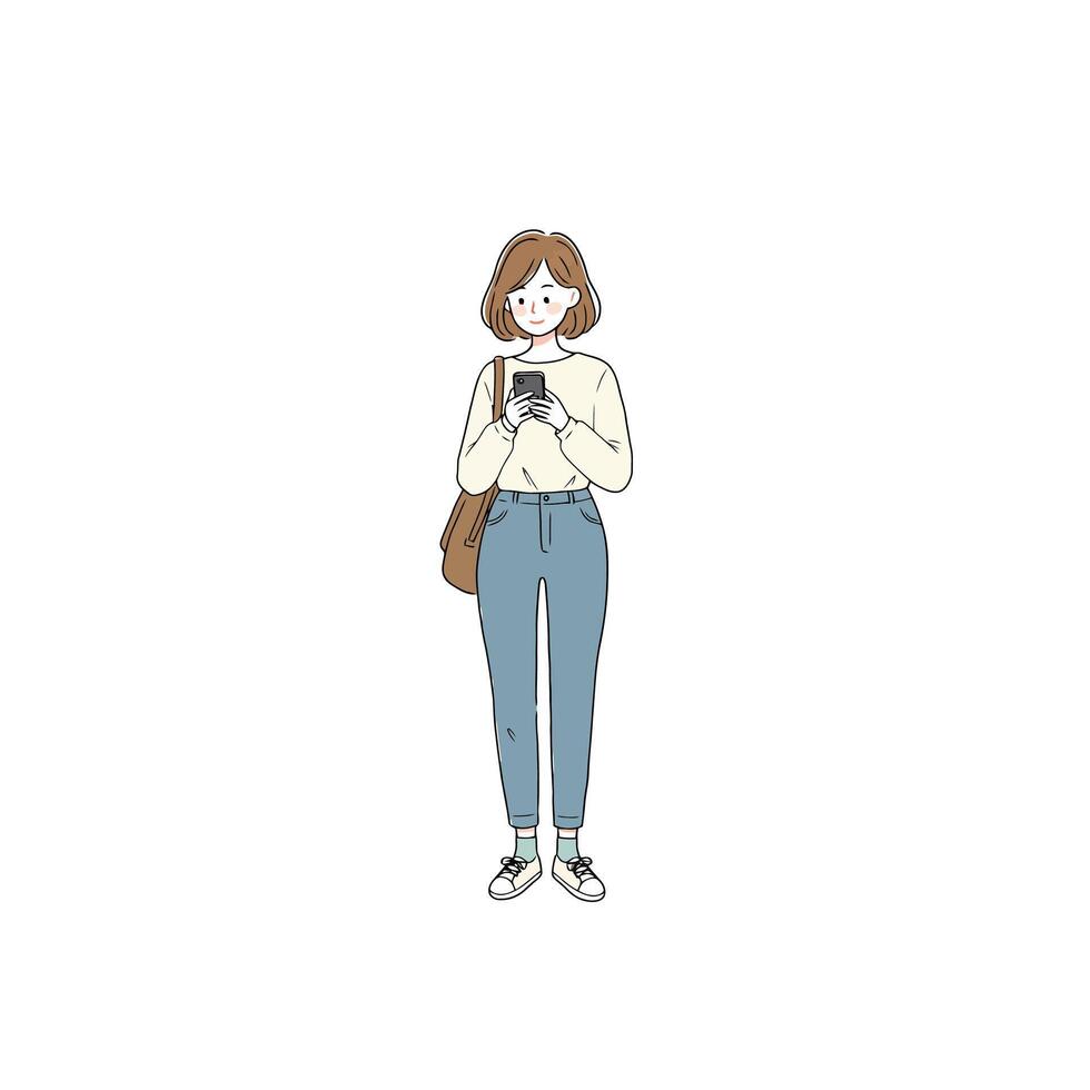 Cartoon Girl Using Smartphone Wearing Casual Clothes with Shoulder Bag vector