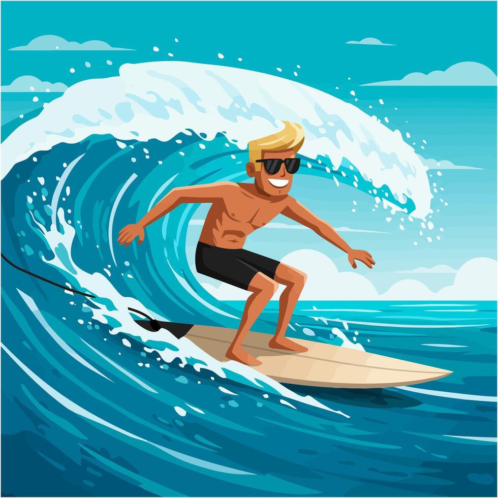 Surfing Man Riding Wave with Sunglasses on Sunny Ocean Day vector