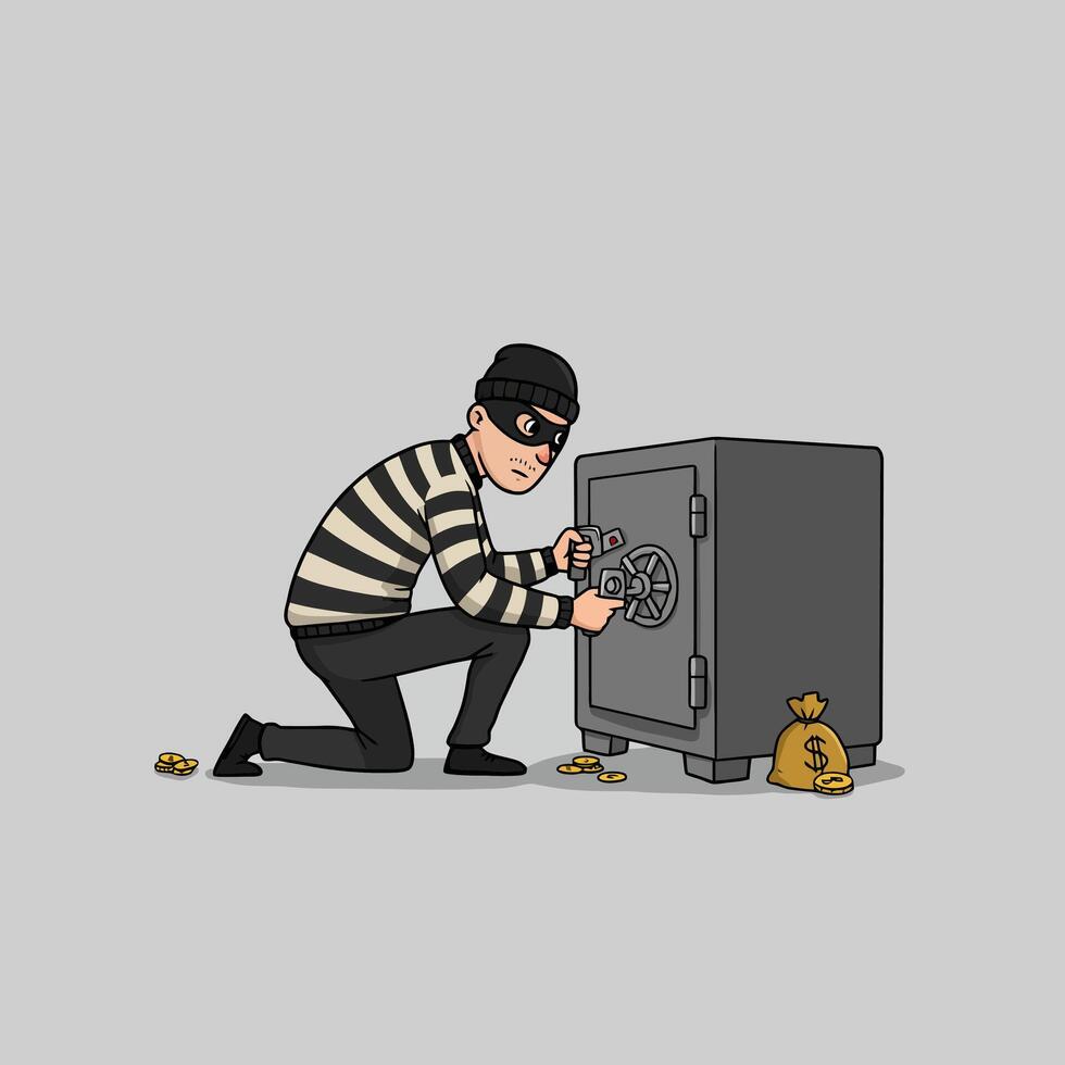 Cartoon Burglar Cracking Safe with Money Bag and Gold Coins vector