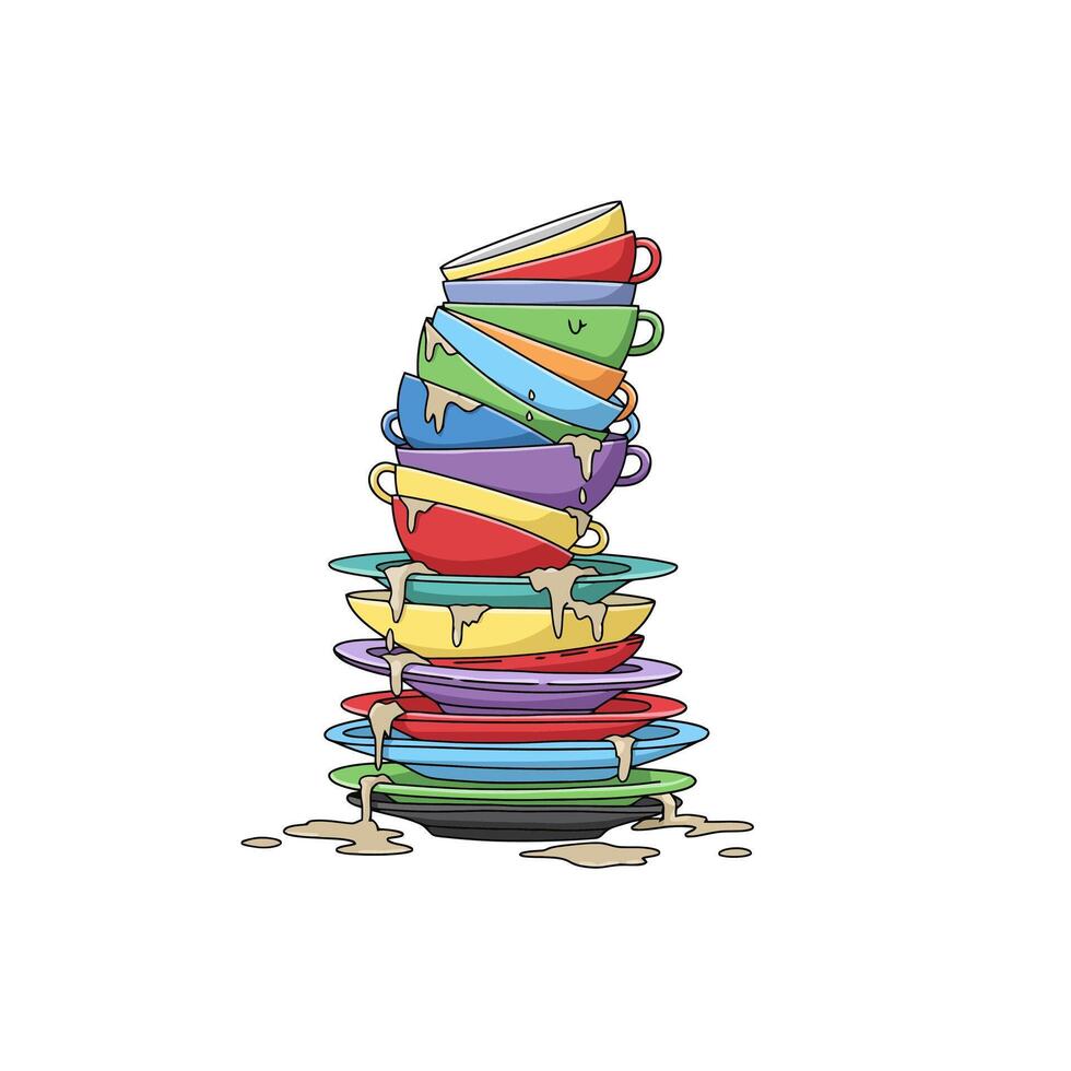 Stack of Dirty Dishes and Cups Cartoon Illustration on White vector