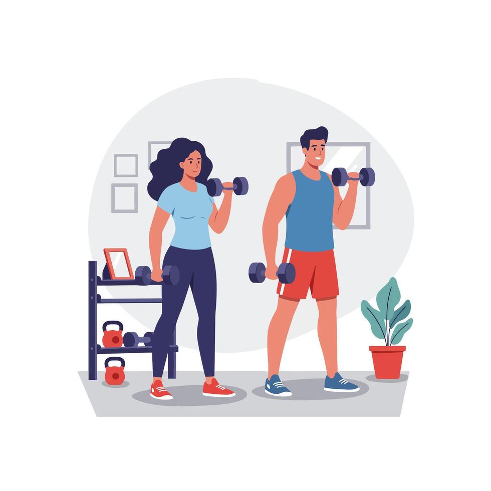 Couple Working Out at Home Lifting Dumbbells for Fitness and Health vector