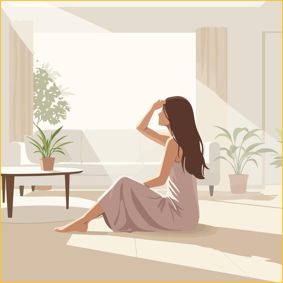 Woman Relaxing on Floor in Sunny Room Enjoying Natural Light vector