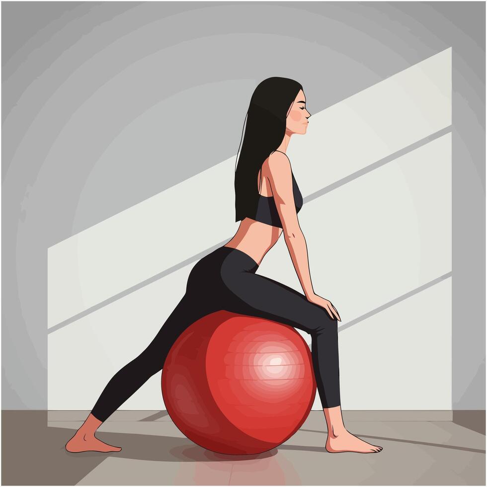 Woman Stretching on Exercise Ball in Gym for Fitness and Wellness vector