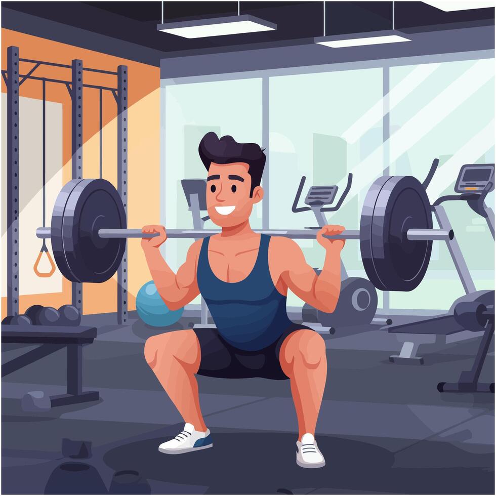 Man Doing Squats with Barbell in Gym Fitness Training vector