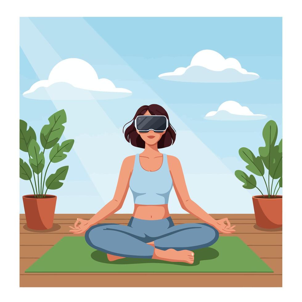 Woman Meditating with Vr Headset - Virtual Reality Wellness and Technology vector