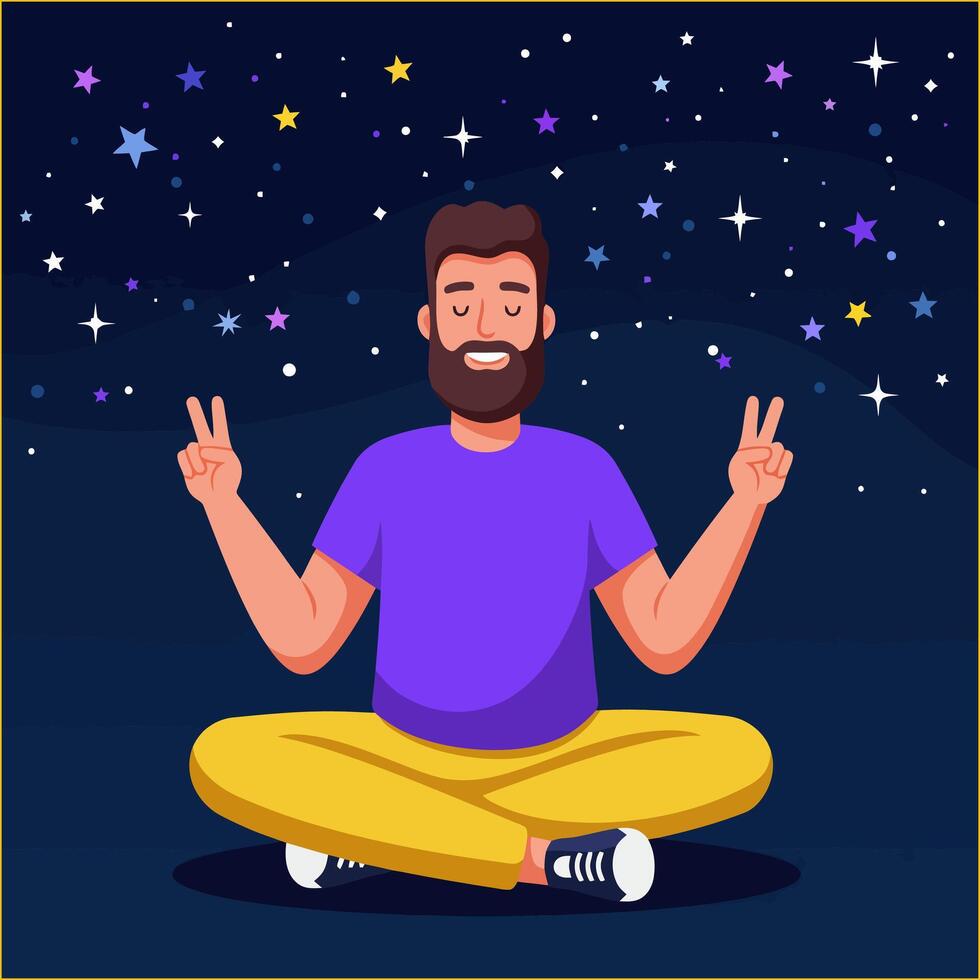 Meditating Man with Peace Sign Under Starry Sky Cartoon Illustration vector