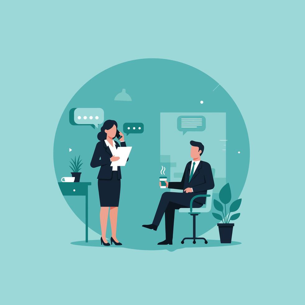 Businesswoman Talking on Phone While Colleague Relaxes with Coffee vector