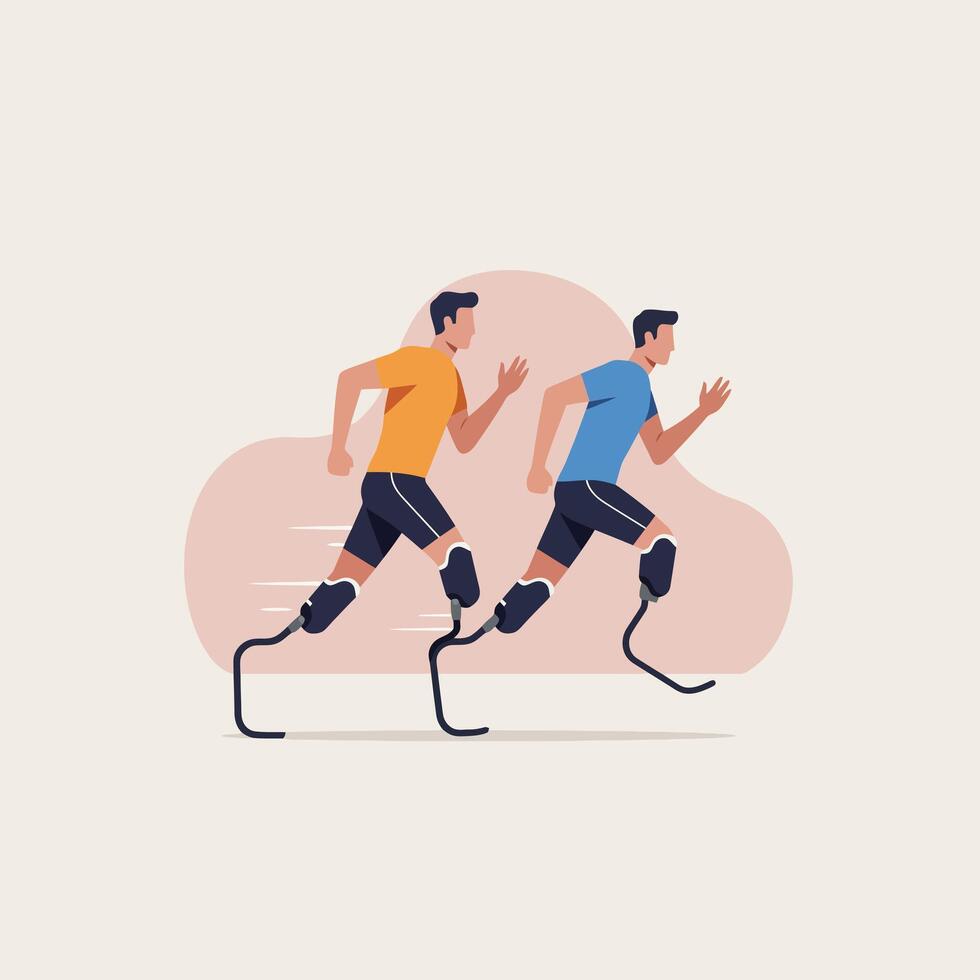 Men with Prosthetic Legs Running Forward, Embracing Sport and Inclusivity vector