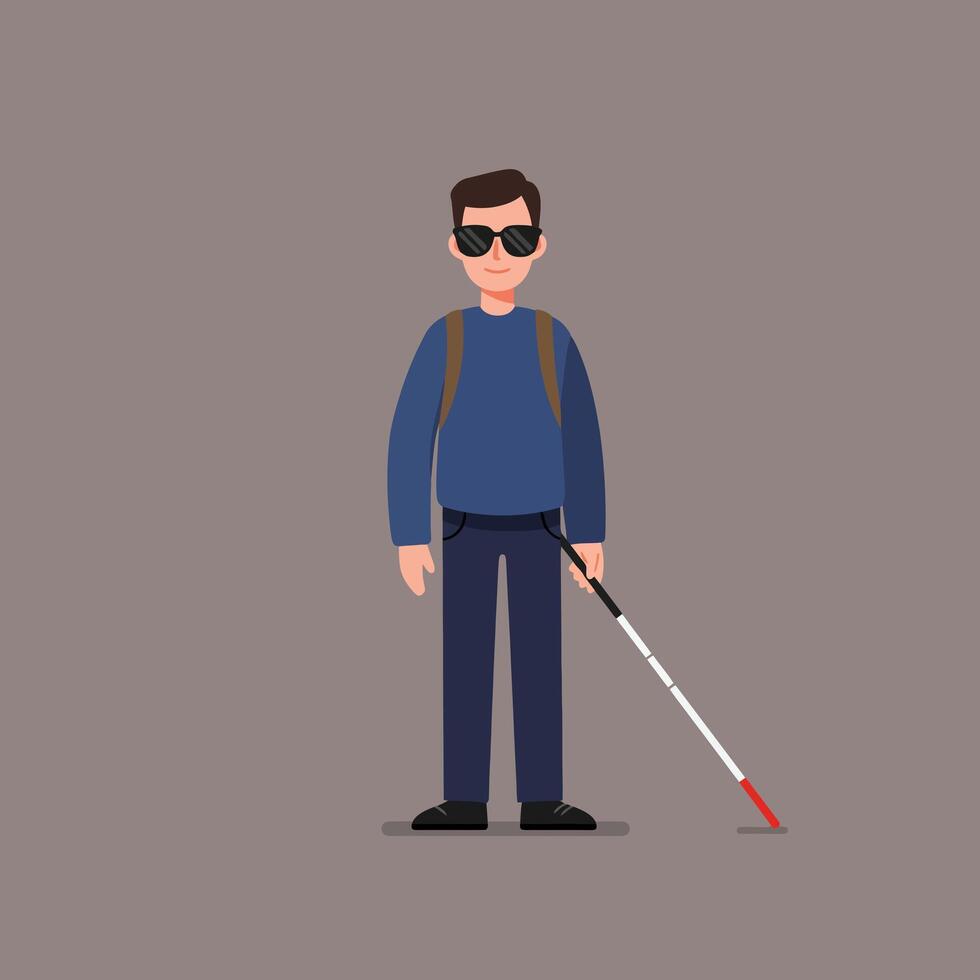 Blind Man Walking with Cane Illustration Wearing Sunglasses and Backpack vector