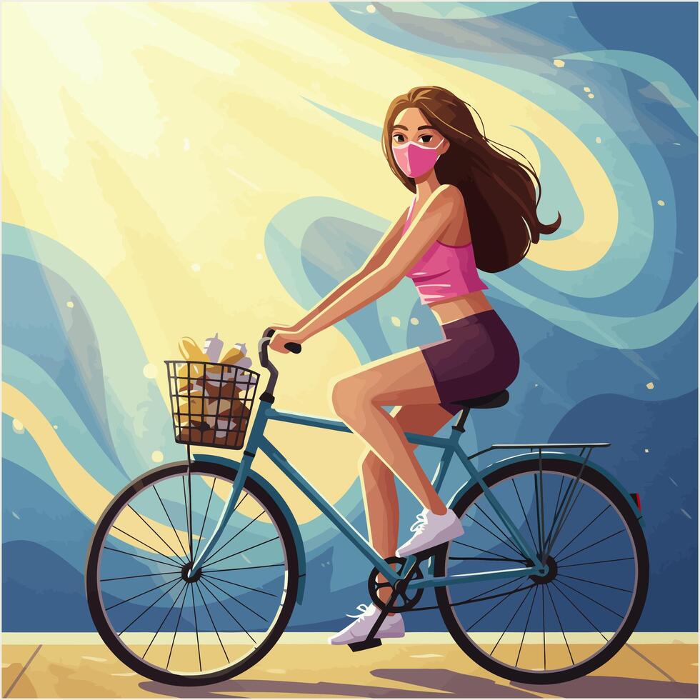 Woman Cycling with Mask in Artistic Style, Health and Safety Focus vector