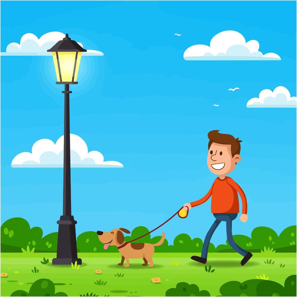 Man Walking Dog on Leash in Sunny Park Illustration Style vector