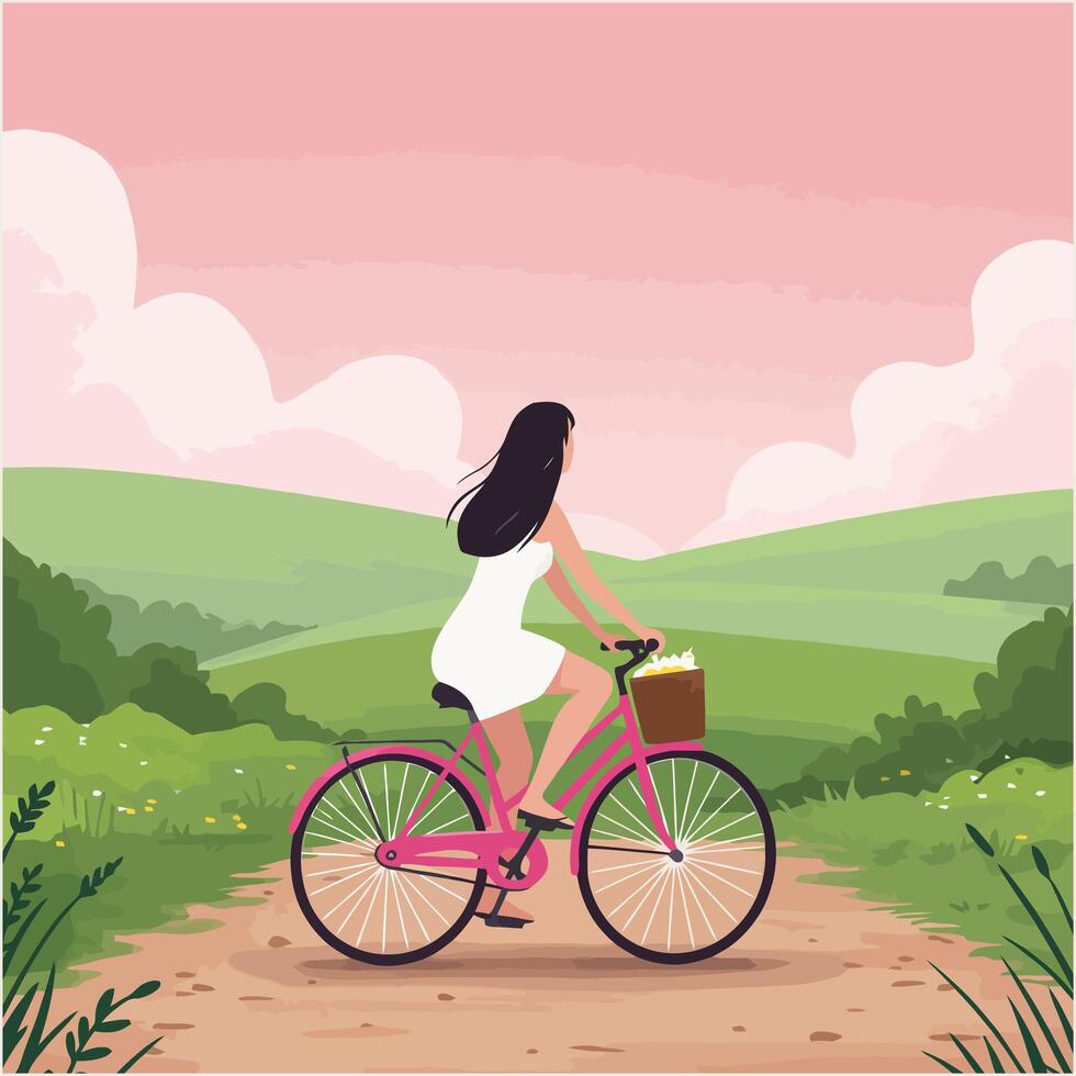 Woman Cycling on Path in Countryside with Pink Bicycle and Flowers vector