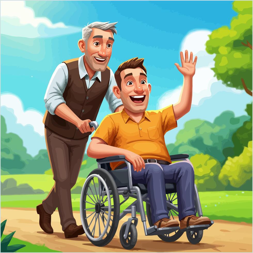 Man Pushing Young Man in Wheelchair Waving in Sunny Park Scene vector