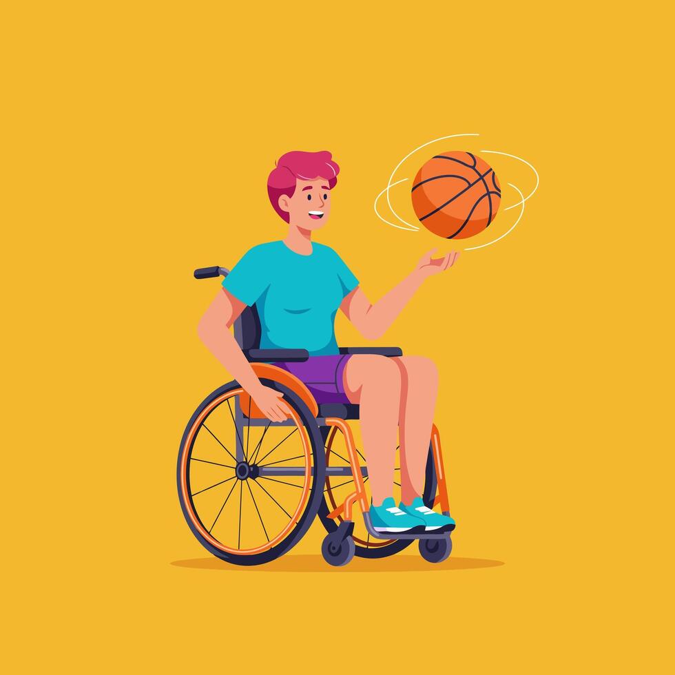 Person in Wheelchair Spinning Basketball on Finger Against Yellow Background vector