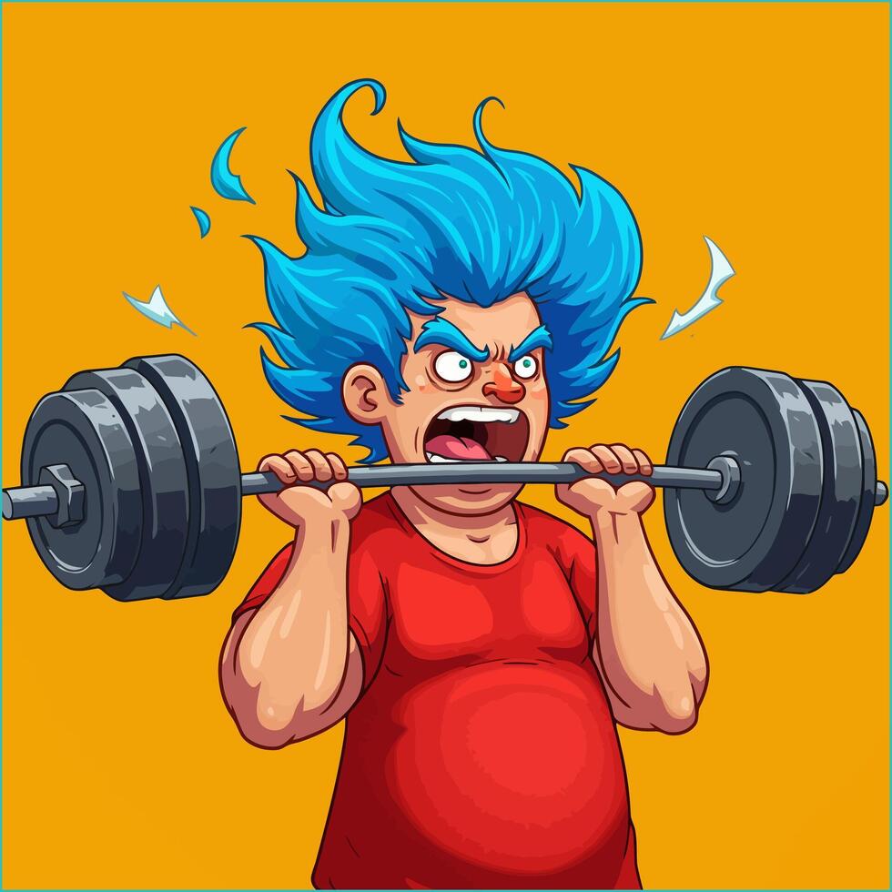 Cartoon Man Lifting Heavy Barbell Weight with Intense Expression and Blue Hair vector