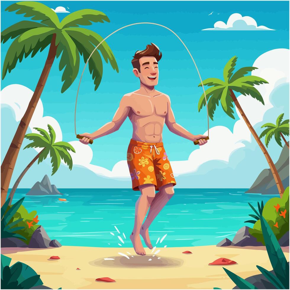 Man Skipping Rope on Beach with Palm Trees and Ocean View vector