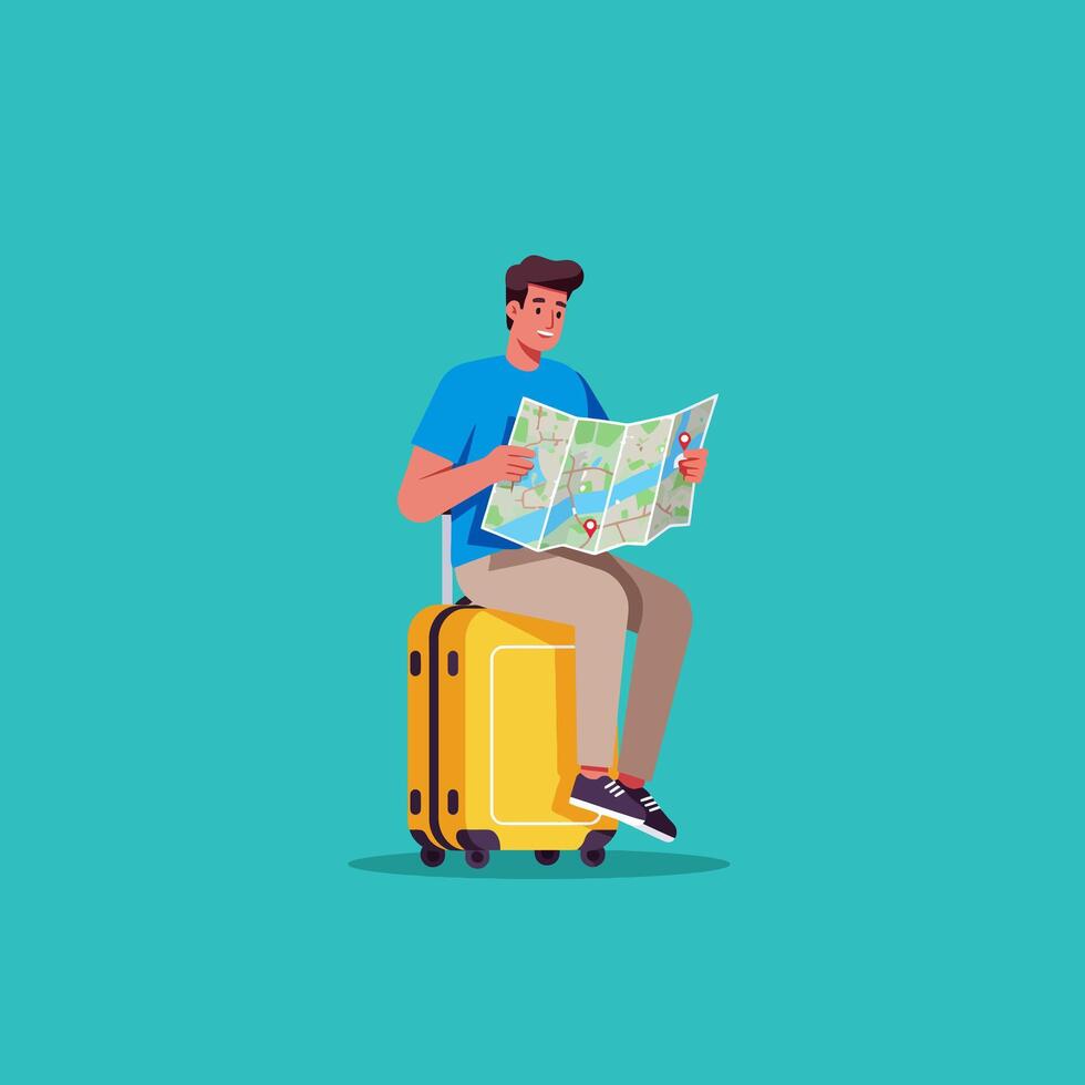 Man Reading Map While Sitting on Suitcase Ready for Travel vector