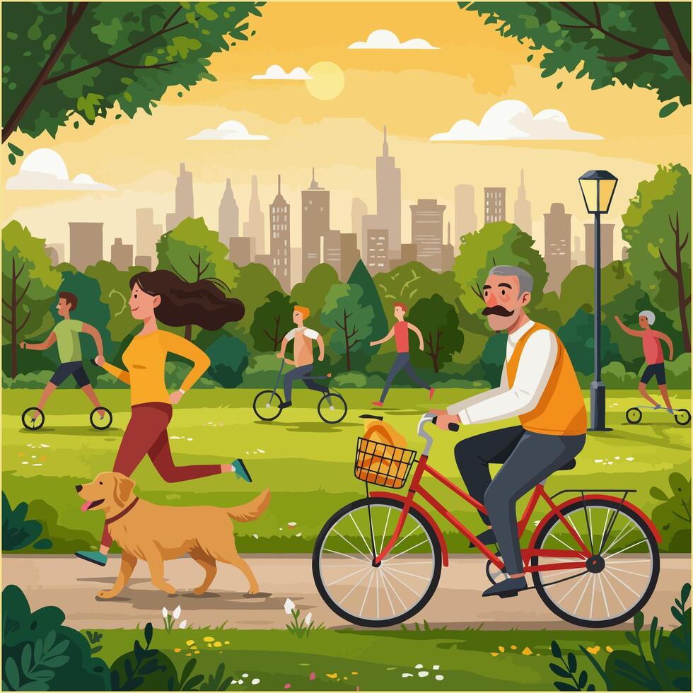 People Enjoying Outdoor Activities in City Park with Dog and Bicycle vector
