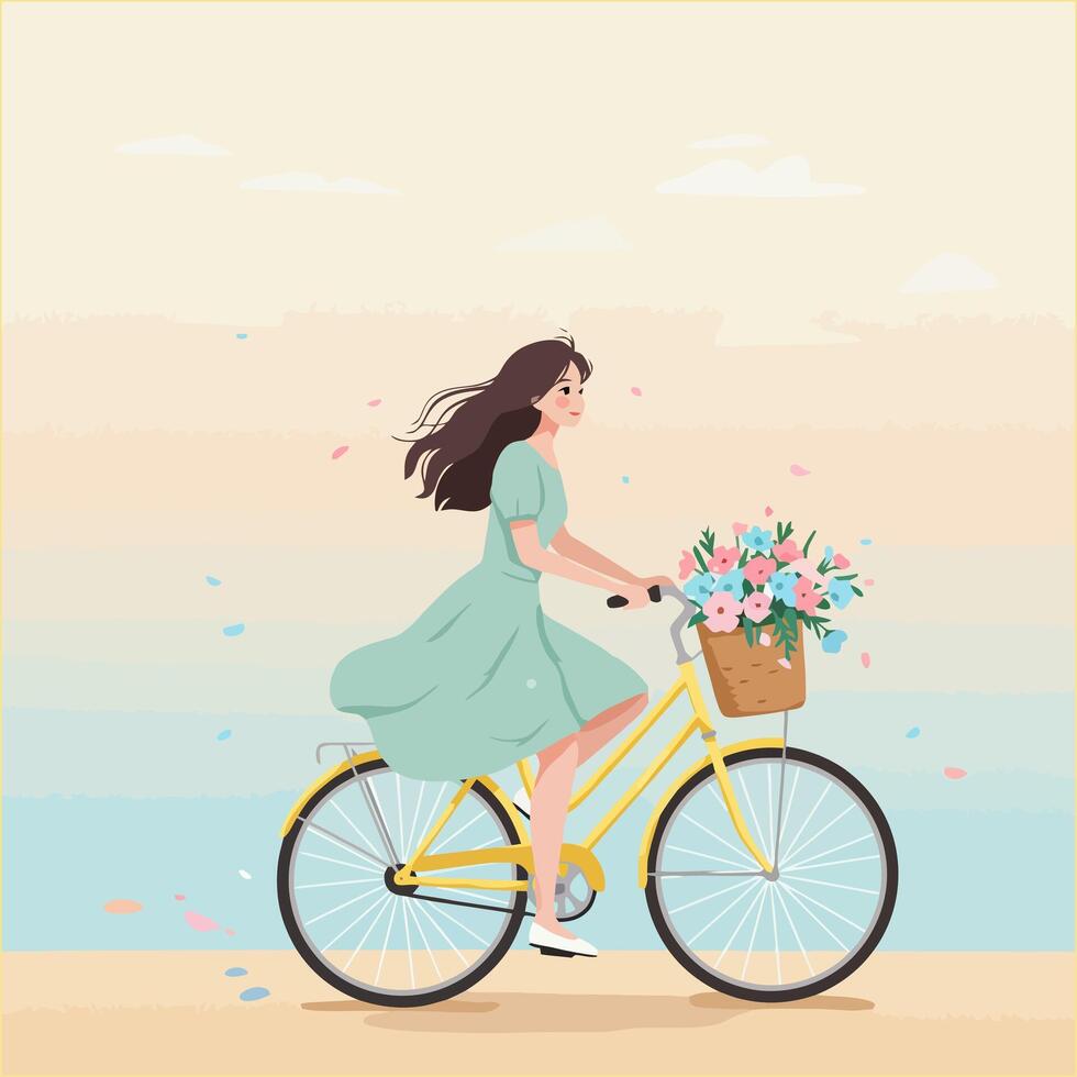 Woman Riding Bicycle with Flowers in Basket on a Sunny Day vector