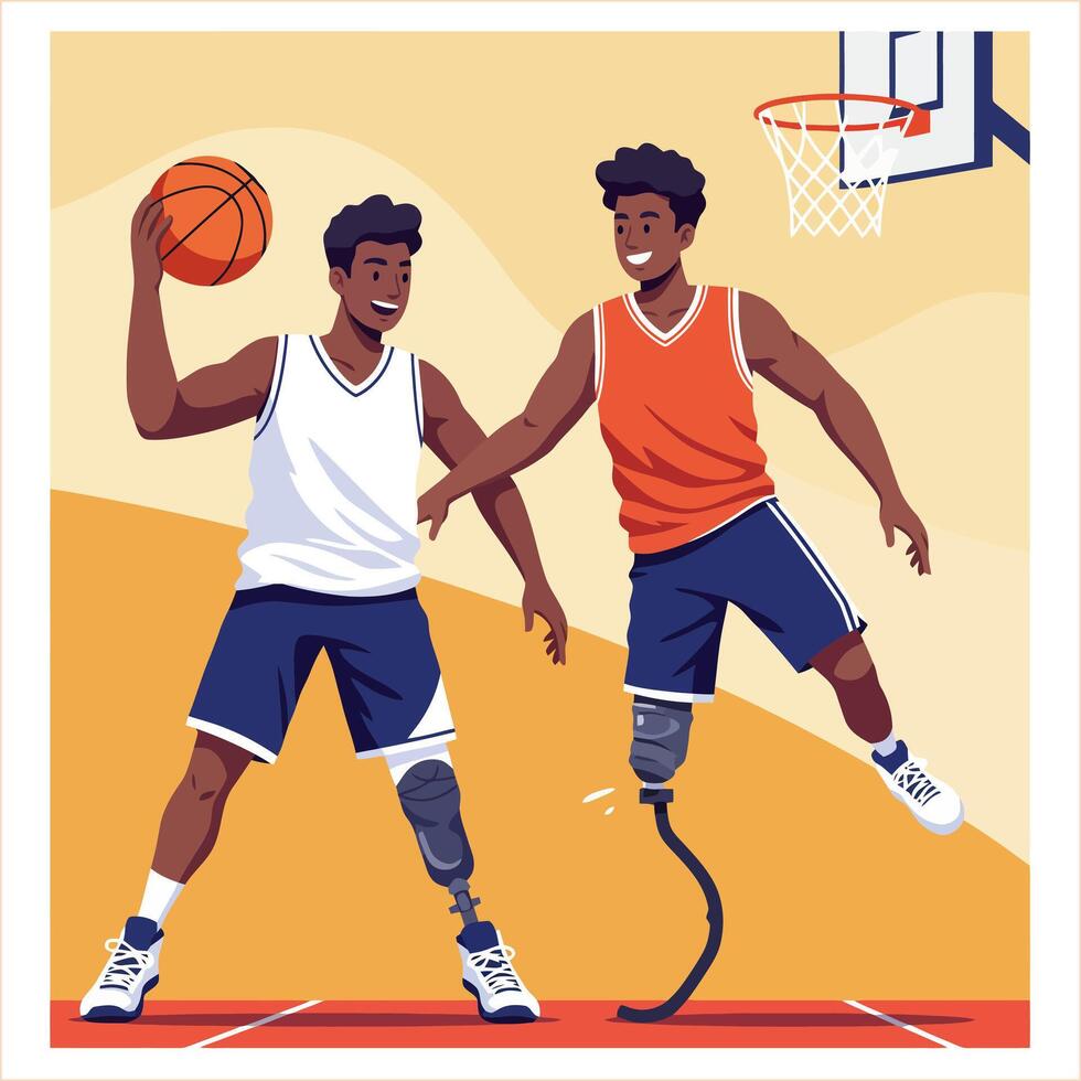 Adaptive Basketball Players in Action Playing Game with Prosthetic Limbs vector