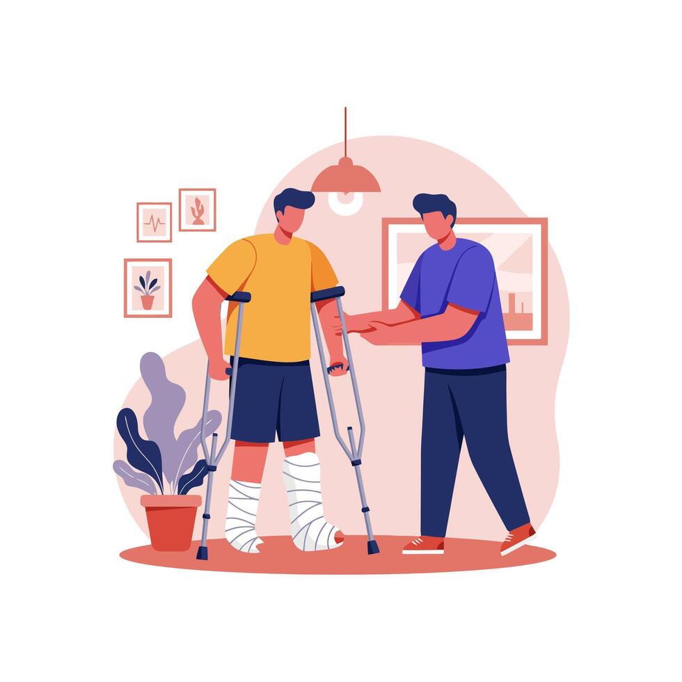 Man with Broken Leg on Crutches Getting Assistance Indoors Illustration vector