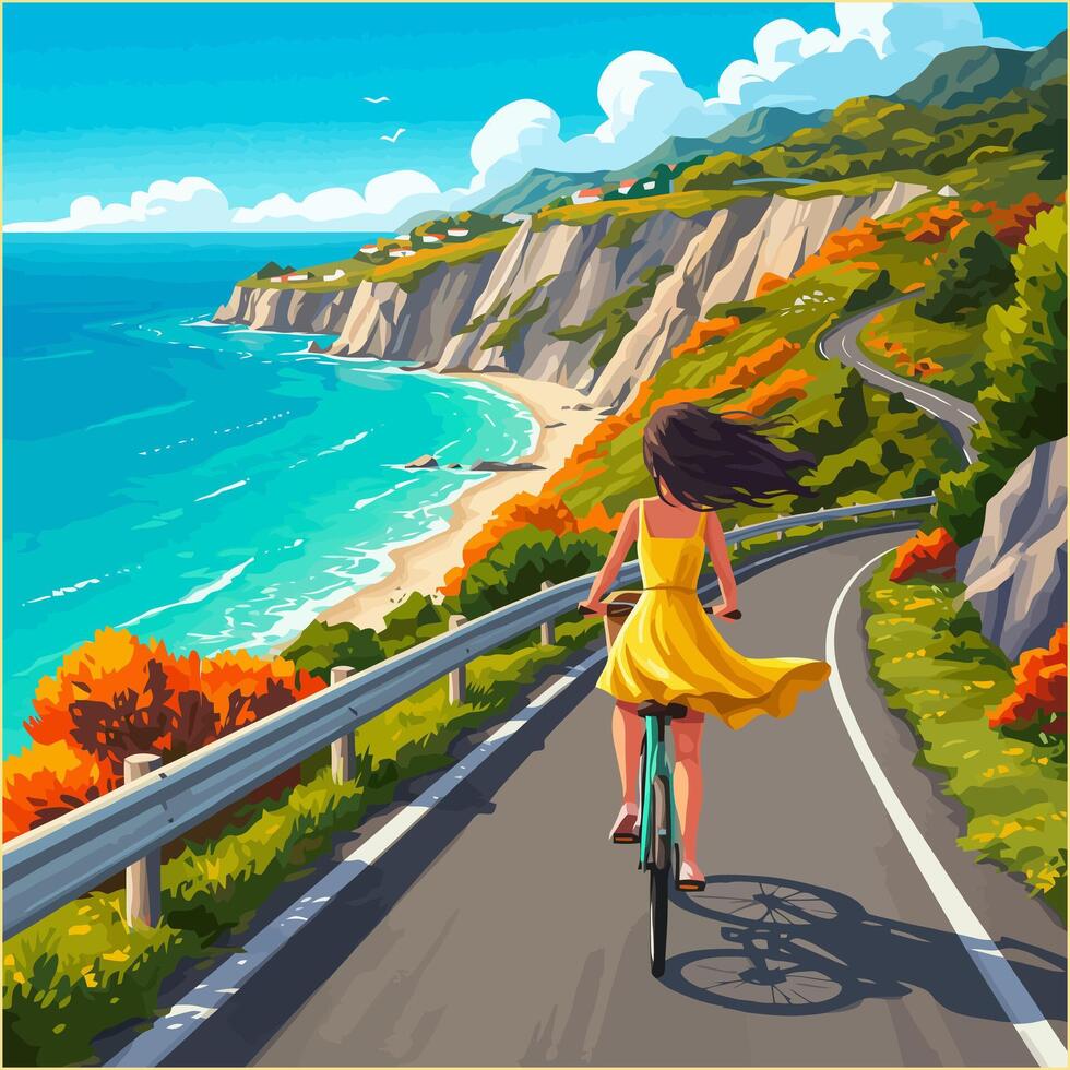 Woman Cycling Coastal Road with Ocean View and Scenic Cliffside vector